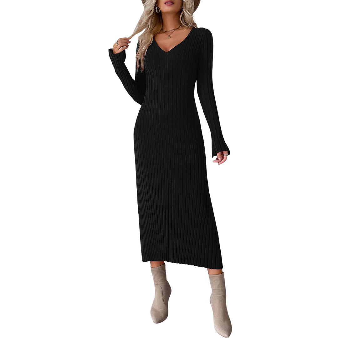 Damen nan tailliertes Rippstrick-Midikleid mit tiefem V-Ausschnitt, figurformender Nahtführung und langen Ärmeln EB