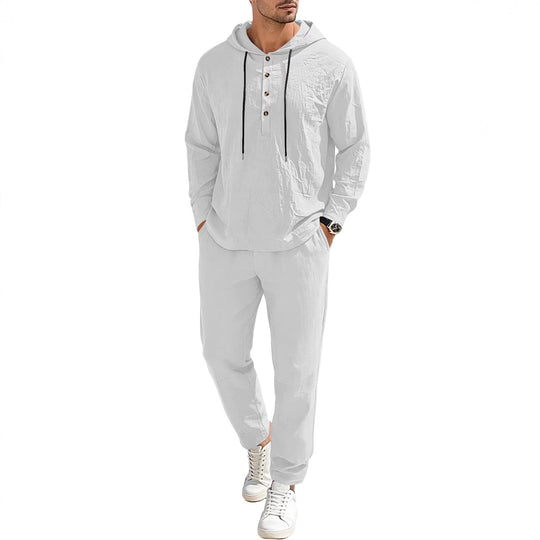 Herren nan entspannter Kapuzen-Henley Freizeitanzug aus leichter Baumwollmischung in Leinenoptik mit Kordelzug und elastischer Bundhose EB