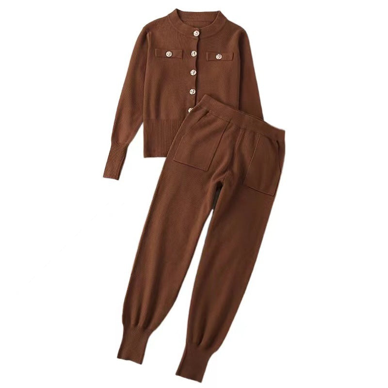 Damen elegantes Strickanzug-Set mit Knopfdétails EB