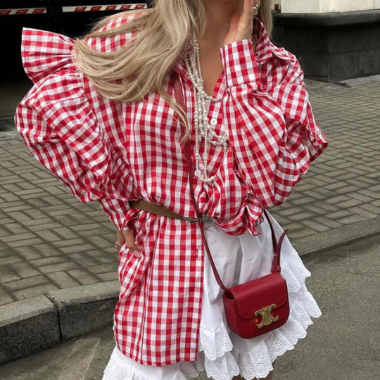 Damen Puffärmel Gingham Knopf-Down Hemd EB