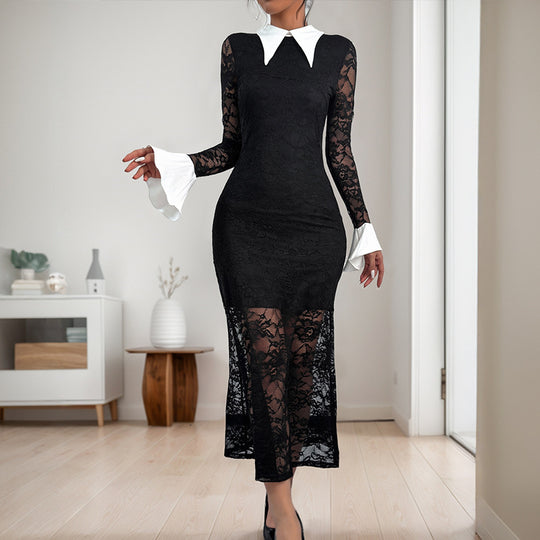 Damen Midikleid mit transparentem Spitzenoberteil und eleganter Blusenkragen EB