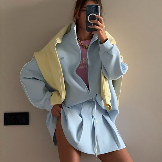 Damen trendige Sport-Loungewear mit komfortablem Oversize-Jacke und Mini-Skirt EB