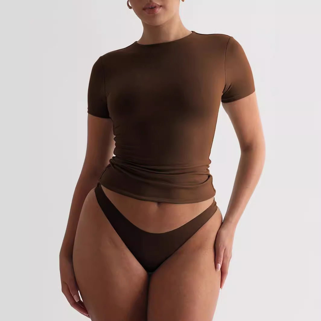 Damen figurbetontes T-Shirt mit Rundhalsausschnitt und kurzem Arm EB