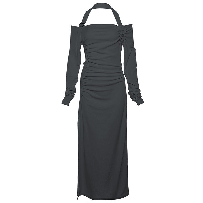 Damen Elegantes Maxikleid mit asymmetrischem Schulterdesign und raffinierten Rüschendetails EB