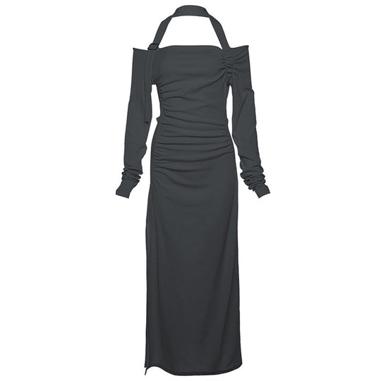 Damen Elegantes Maxikleid mit asymmetrischem Schulterdesign und raffinierten Rüschendetails EB