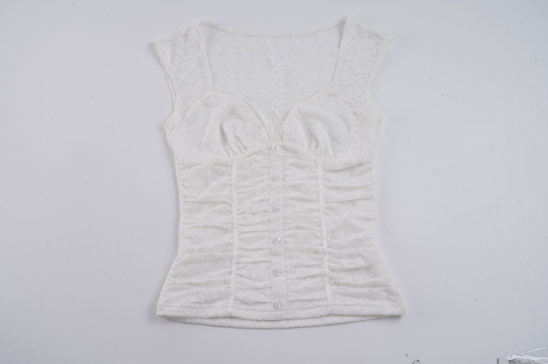 Damen Spitzen-Cropped-Top mit elegantem V-Ausschnitt und Rüschendetails EB