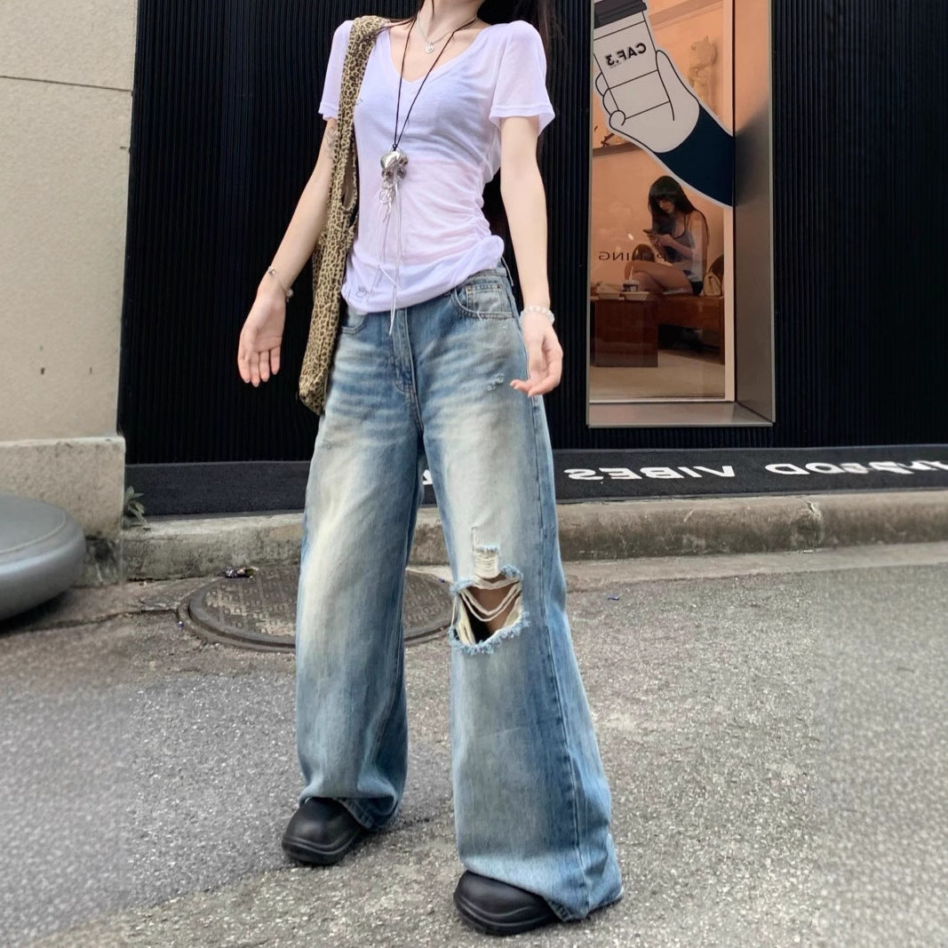 Damen Weit geschnittene Destroyed Jeans mit lässigem Schnitt und modischen Riss-Details EB
