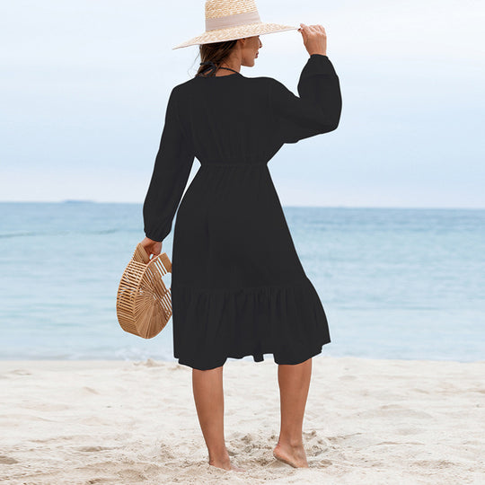 Damen Sommerliches Strandkleid mit lässigem Schnitt und elastischem Taillenband EB
