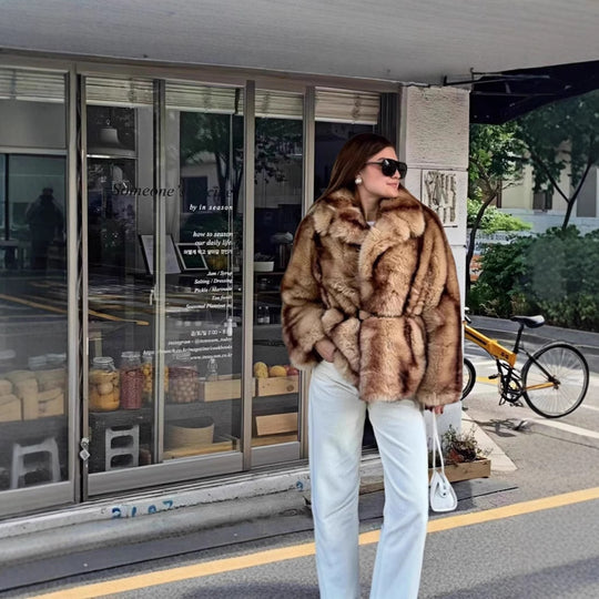 Damen Opulente Kunstpelz-Jacke mit Gürtel EB