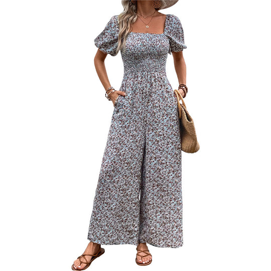 Damen farbenfrohes Blumensommeroverall mit Puffärmeln EB