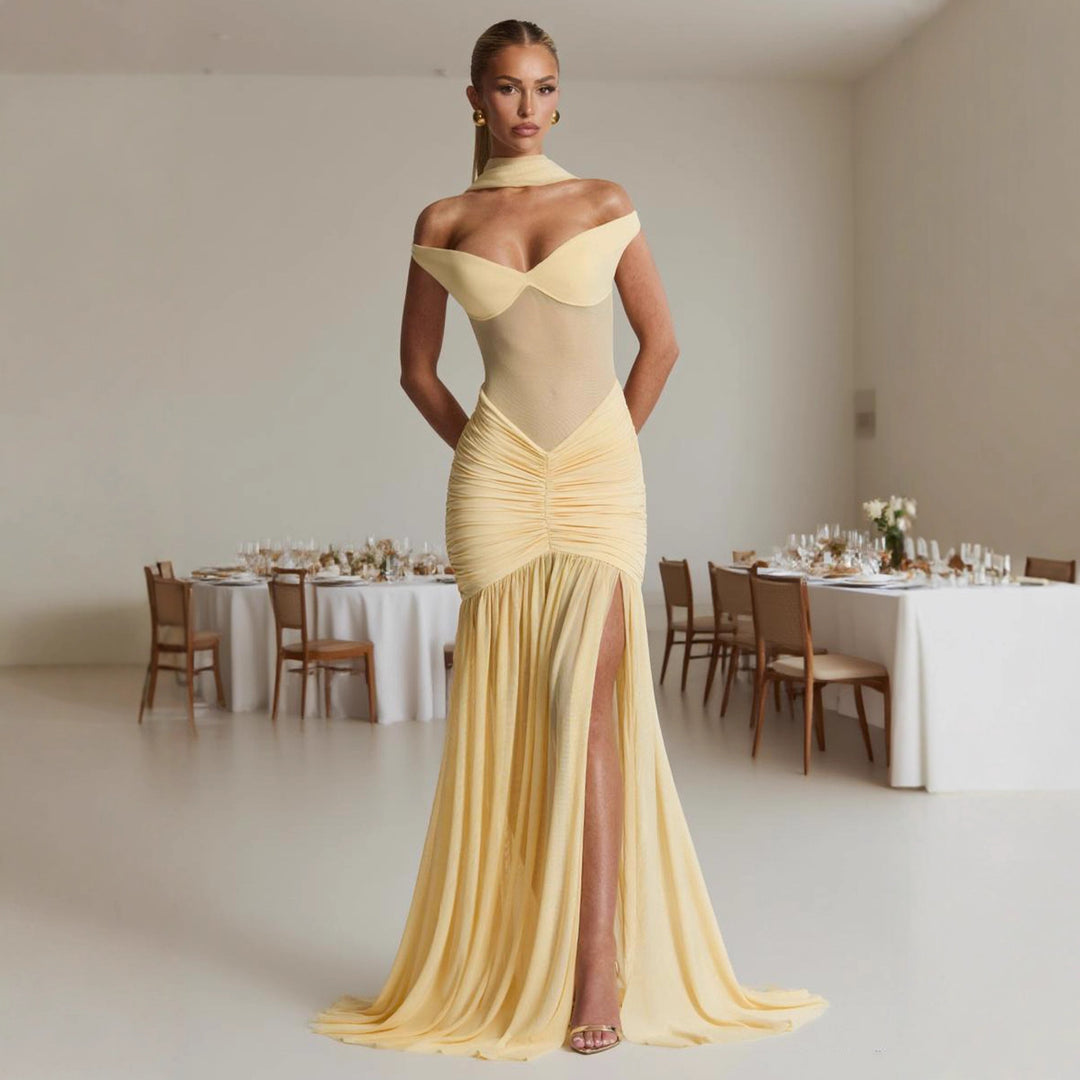 Damen figurbetontes Abendkleid mit schulterfreiem Design und seitlichem Schlitz EB