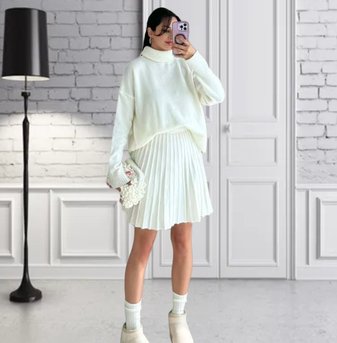 Damen Oversized Strickpullover mit hochwertiger Rippstruktur und passendem Minirock EB