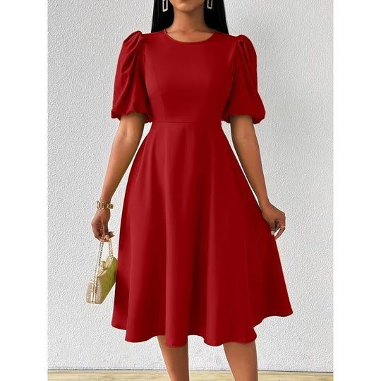 Damen Midi-Kleid mit Puffärmeln und schwingendem Saum EB