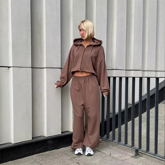 Damen Kurzes Zip-Kapuzenjacke und High‑Waist Loungehose Set EB