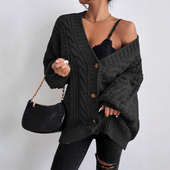 Damen Grobstrick Cardigan mit weiten Ärmeln und Knopfdetails EB