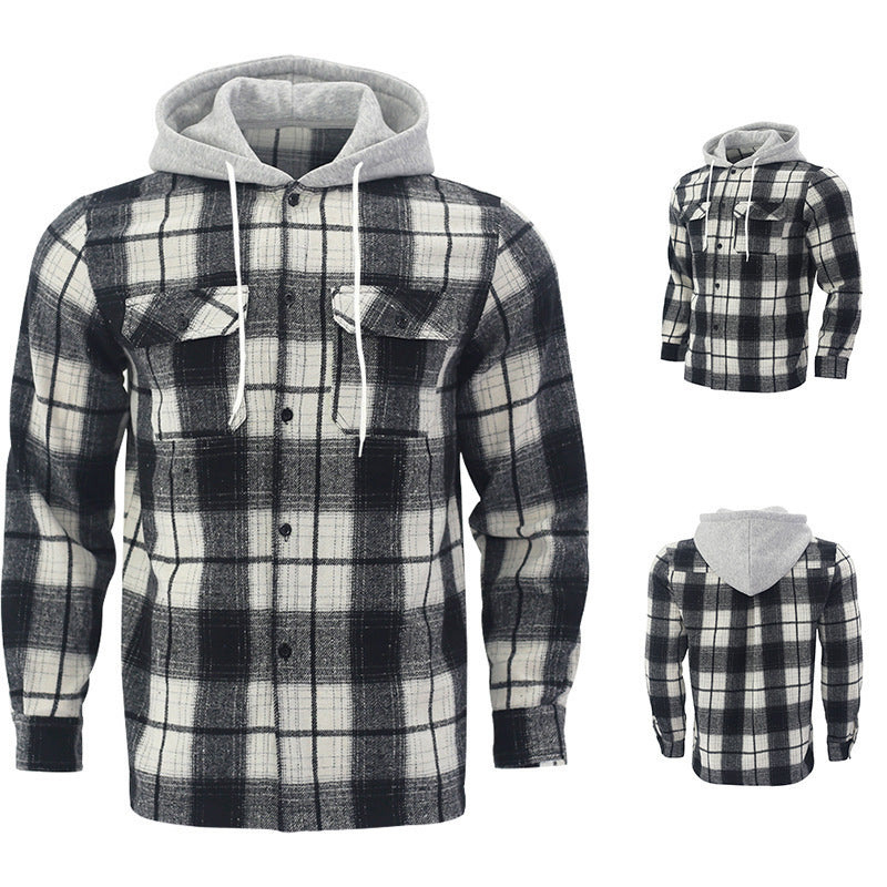 Herren Karierte Flanelljacke mit Hoodie und zwei Brusttaschen EB