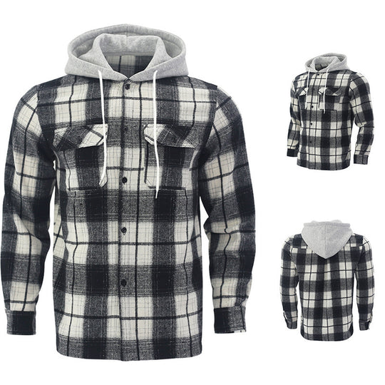 Herren Karierte Flanelljacke mit Hoodie und zwei Brusttaschen EB