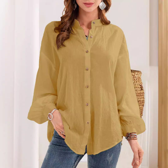 Damen lässige Bluse mit Knopfleiste und Stehkragen EB