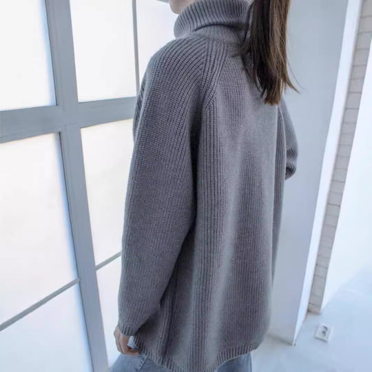 Damen lässiger Strickpullover mit asymmetrischem Reißverschluss und großem Kragen EB