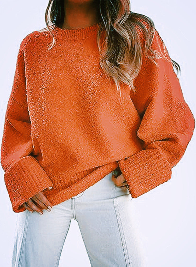 Damen Oversize Bouclé-Strickpullover mit überschnittener Schulter und breiten Bündchen EB