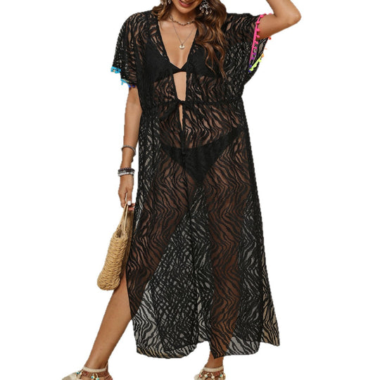 Damen eleganter Häkel-Strandüberwurf mit Knoten und Rüschen EB