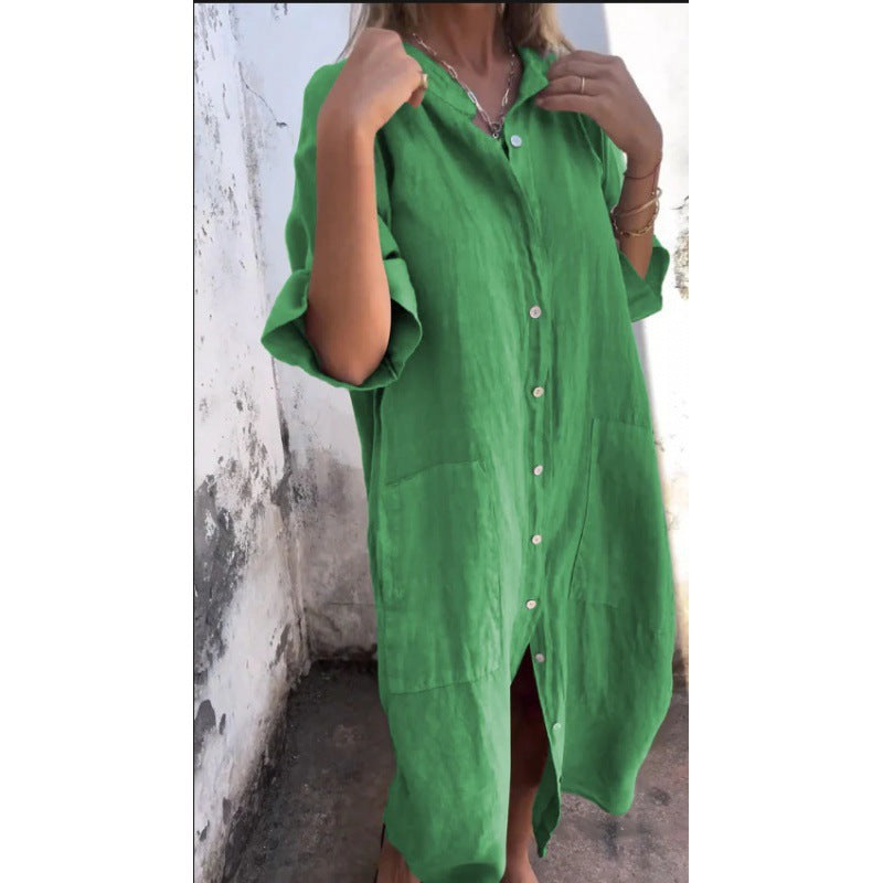 EB | Lässiges Baumwoll-Leinen Shirtkleid mit Dreiviertelärmeln