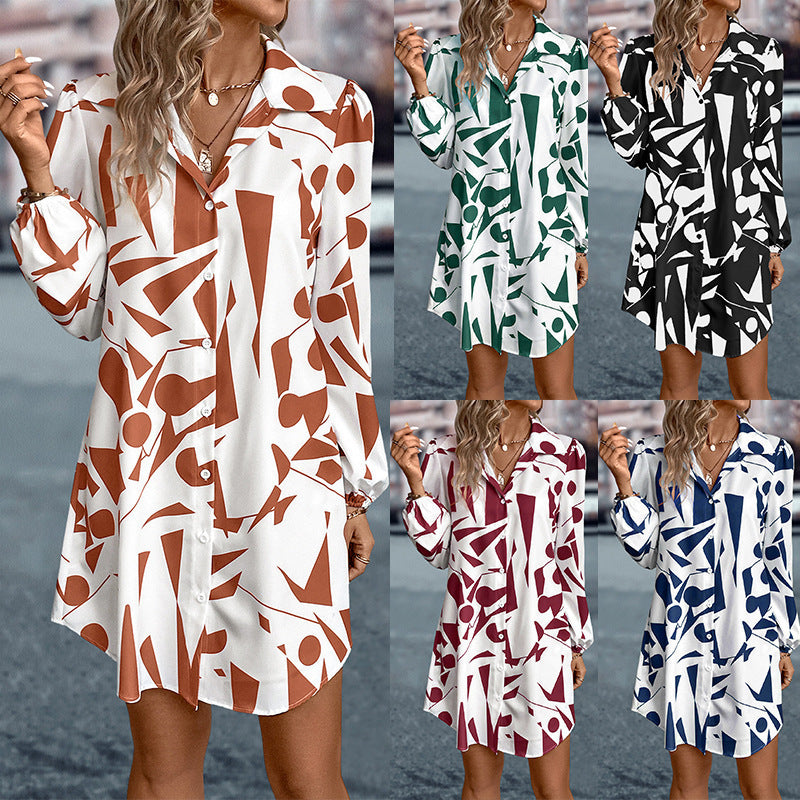 Damen geometrischer Druck Knopf-up Kleid EB