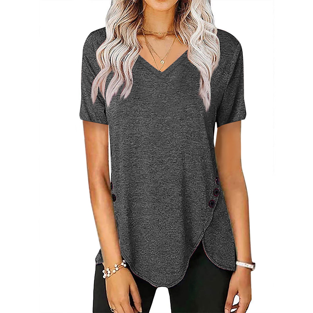 Damen lässiges V-Ausschnitt T-Shirt mit asymmetrischem Saum und dekorativen Knopfdetails EB