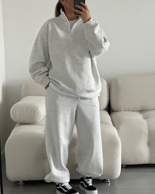 Damen gemütliches Fleece-Loungewear-Set mit Stehkragen und Reißverschluss EB