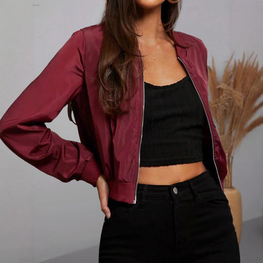 Damen Cropped Bomberjacke aus Satinoptik mit Ärmeltasche und elastischem Saum EB