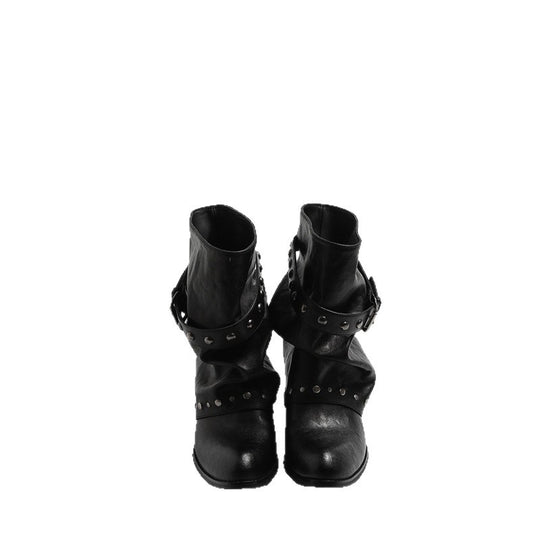 Damen Biker-inspirierte Slouch-Stiefelette mit Nietenriemen und Dornschließen-Detail EB