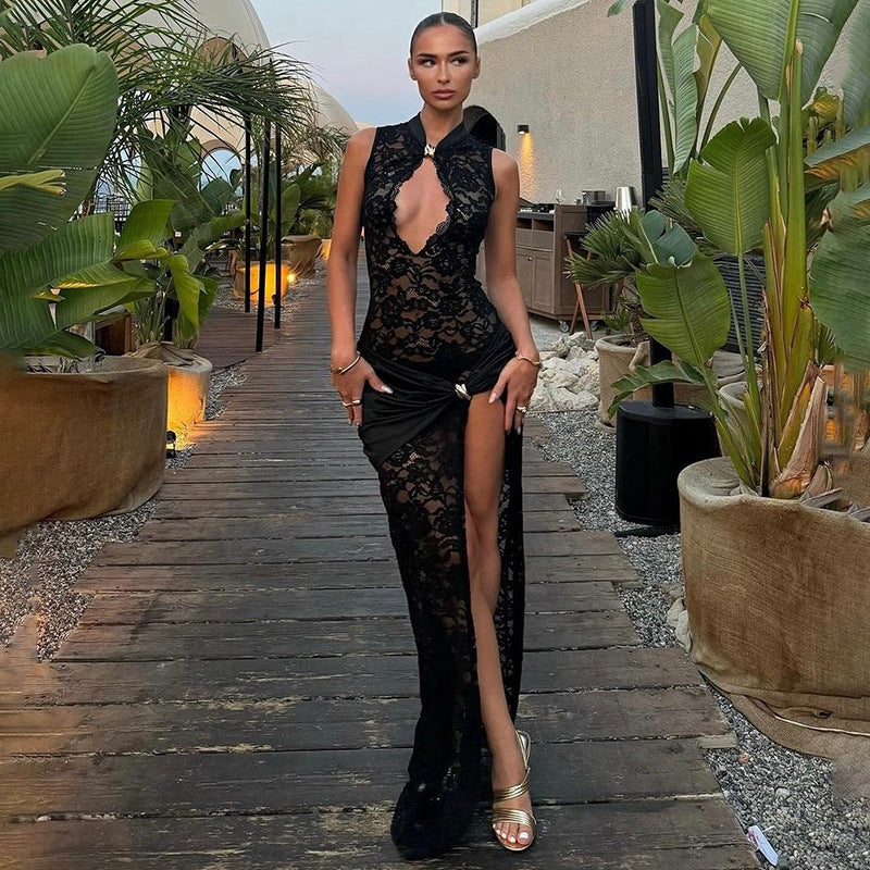 Damen Transparente Spitzenkleid mit elegantem Drapierungsdesign EB