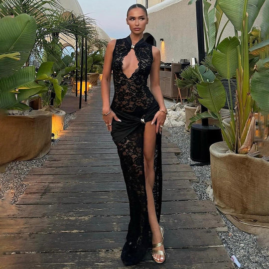 Damen Transparente Spitzenkleid mit elegantem Drapierungsdesign EB