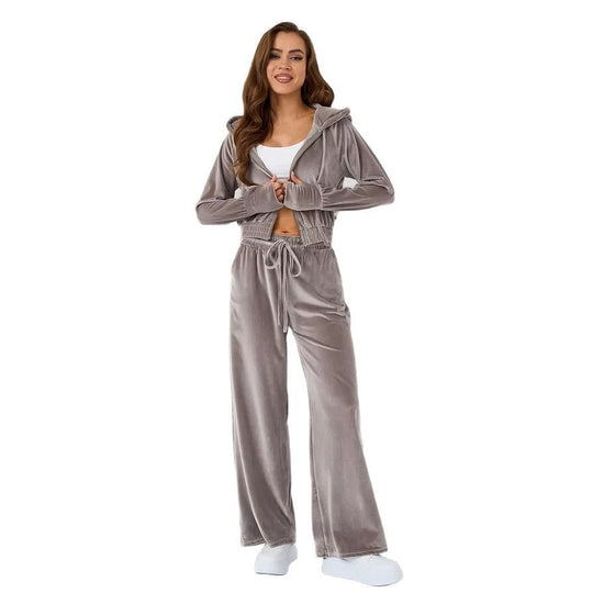 Damen luxuriöses Velours-Lounge-Set mit kurzem Reißverschluss-Hoodie und weitem Comfort-Hose EB