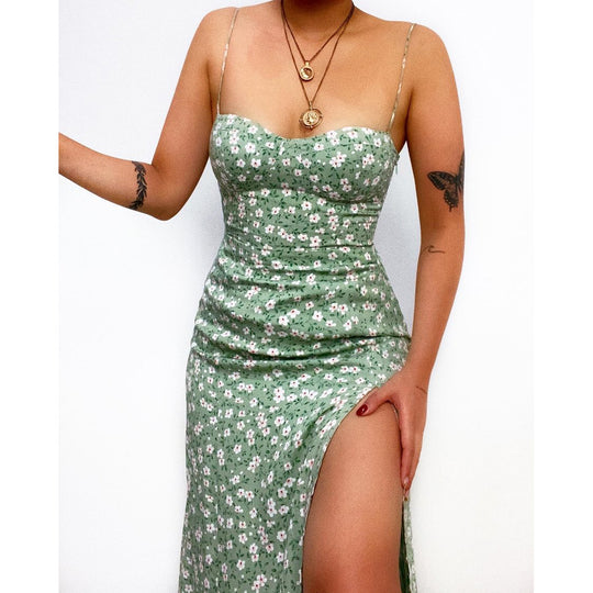 Damen Figurbetontes Maxikleid mit seitlichem Schlitz und Spaghettiträgern EB