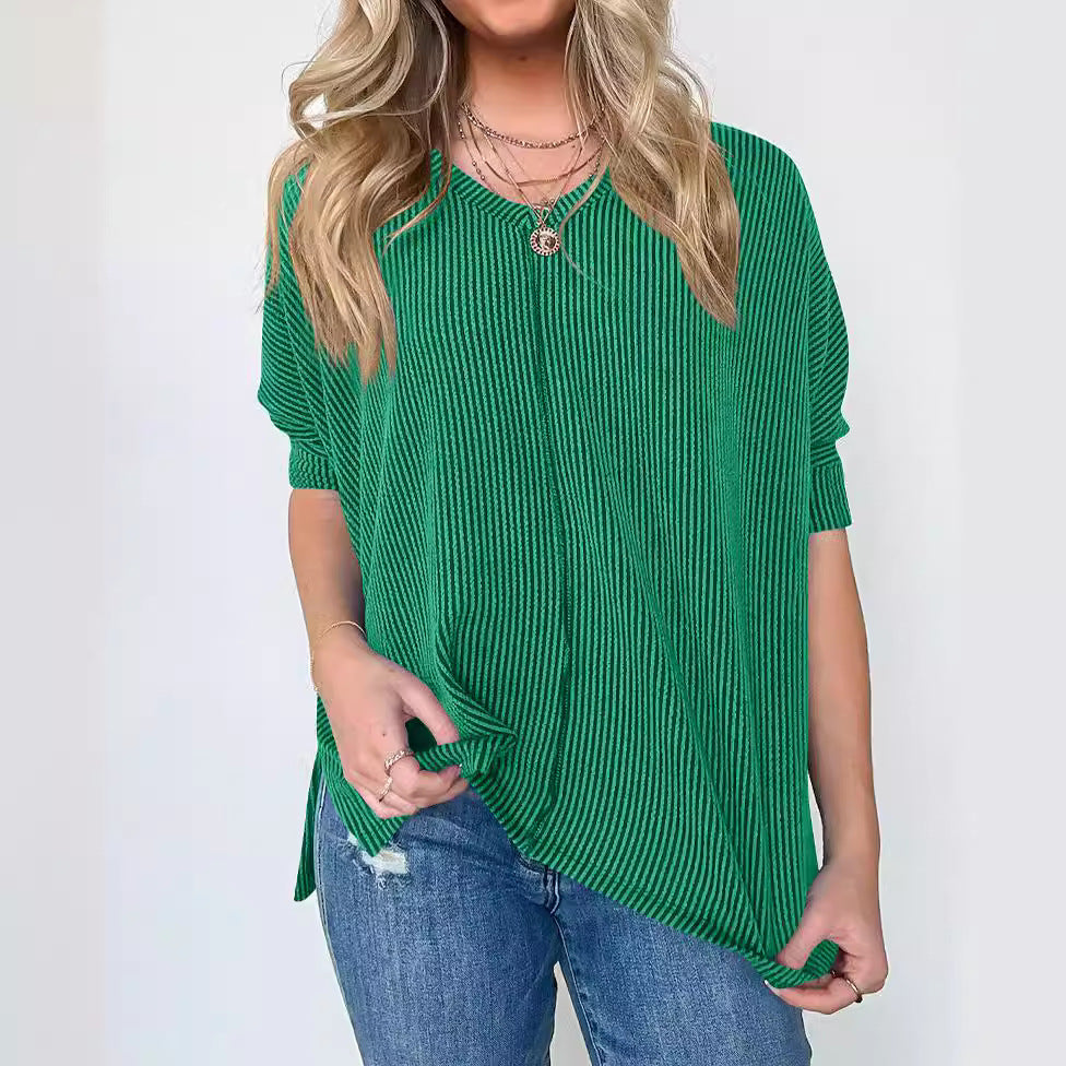 Damen lässiges V-Neck Oberteil mit strukturiertem Design und lockerer Passform EB