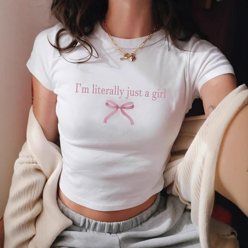 Damen Crop-T-Shirt mit kreativem Schriftzug und Schleifendetail EB