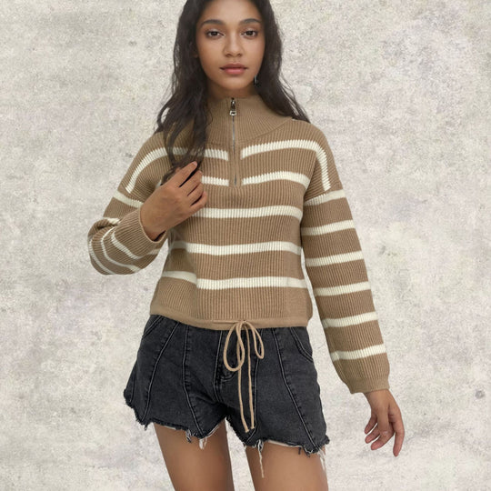 Damen Strickpullover mit halbem Reißverschluss und lässiger Übergangsstruktur EB