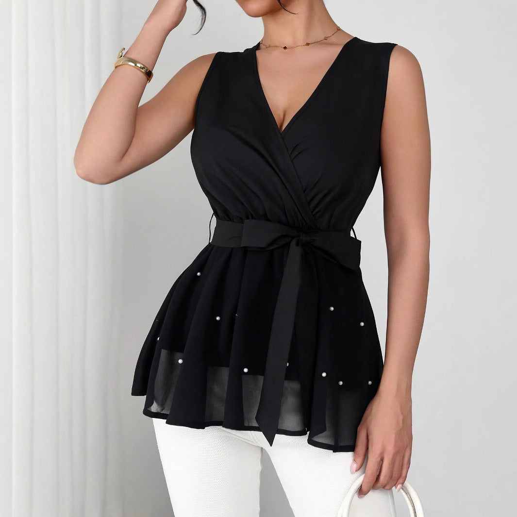 Damen Elegantes Wickeloberteil mit dekorativen Perlen EB