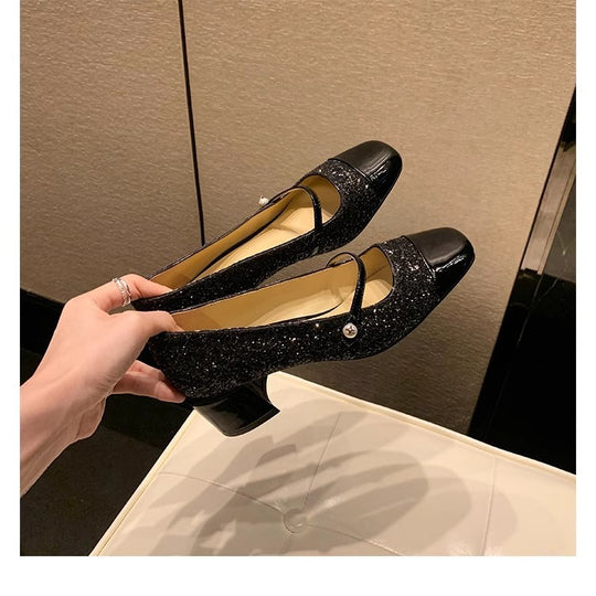 Damen Elegante Glitzer-Pumps mit doppeltem Riemchen und komfortablem Blockabsatz EB