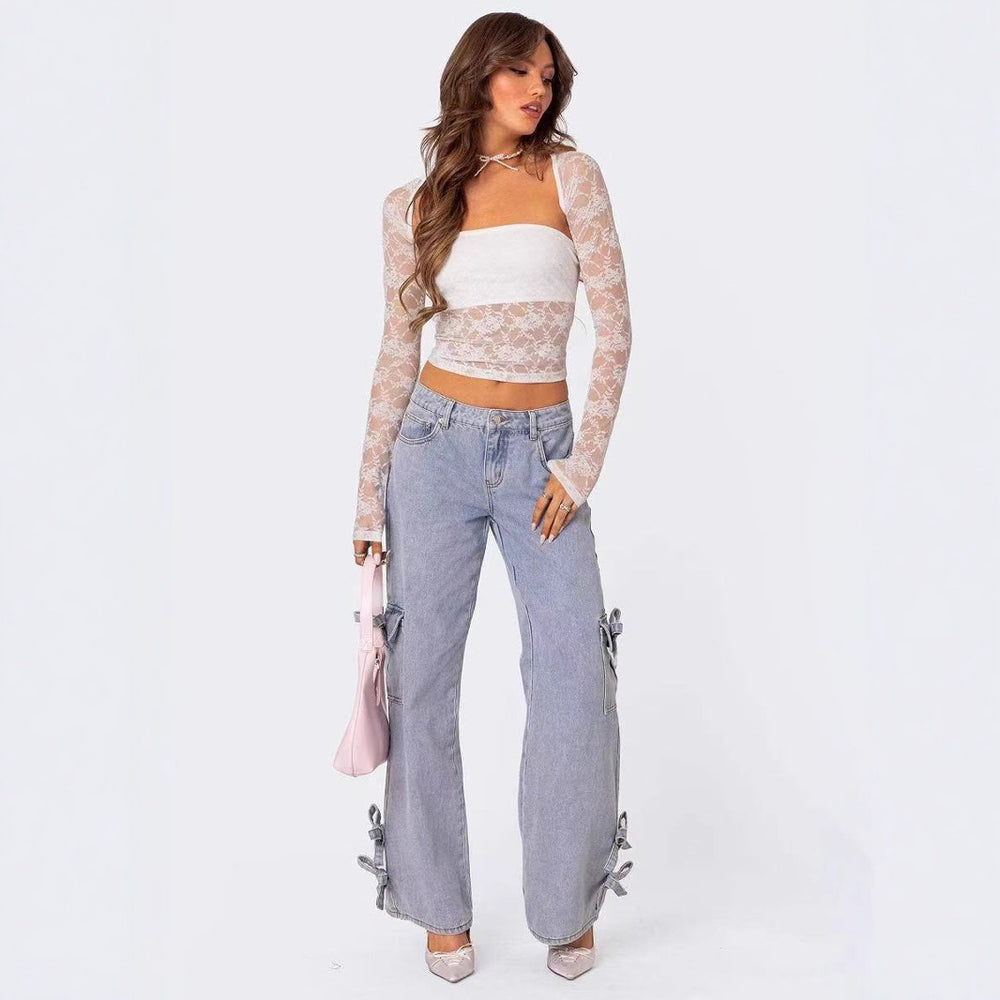 Damen lässige Cargo-Jeans mit stylischem Schleifen-Detail EB