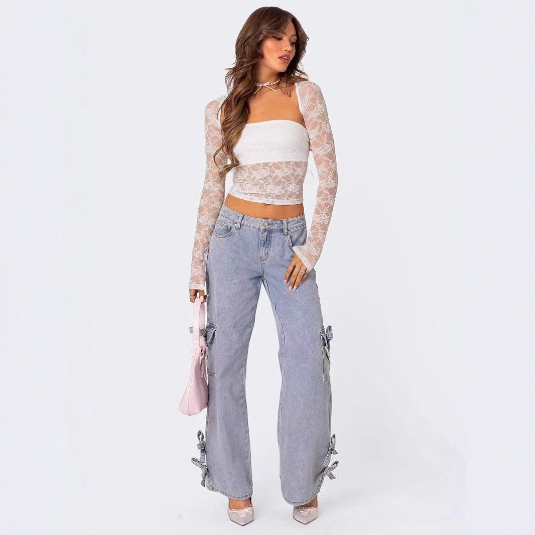 Damen lässige Cargo-Jeans mit stylischem Schleifen-Detail EB