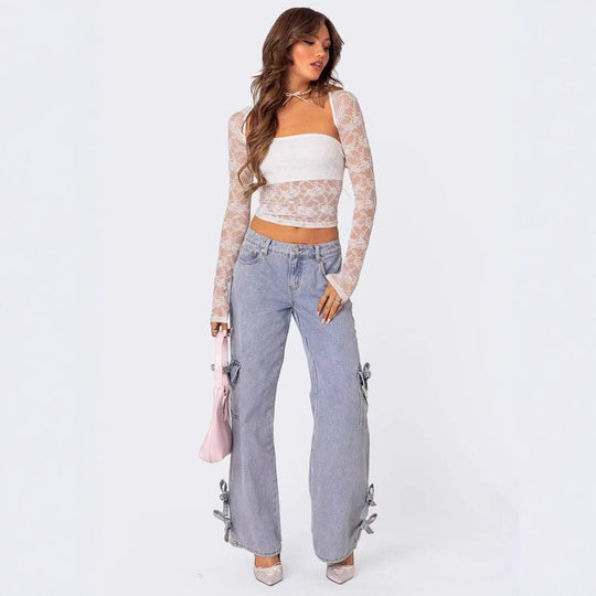 Damen lässige Cargo-Jeans mit stylischem Schleifen-Detail EB