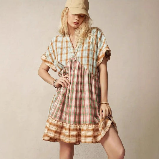 Damen lässiges Tunika-Kleid im karierter Muster mit voluminösem Saum EB