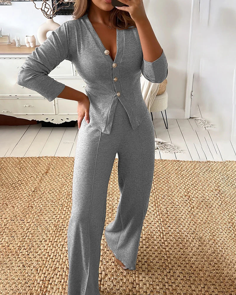 Damen Feines Strick-Set mit tailliertem Knopf-Cardigan und weitem Palazzo-Hose EB