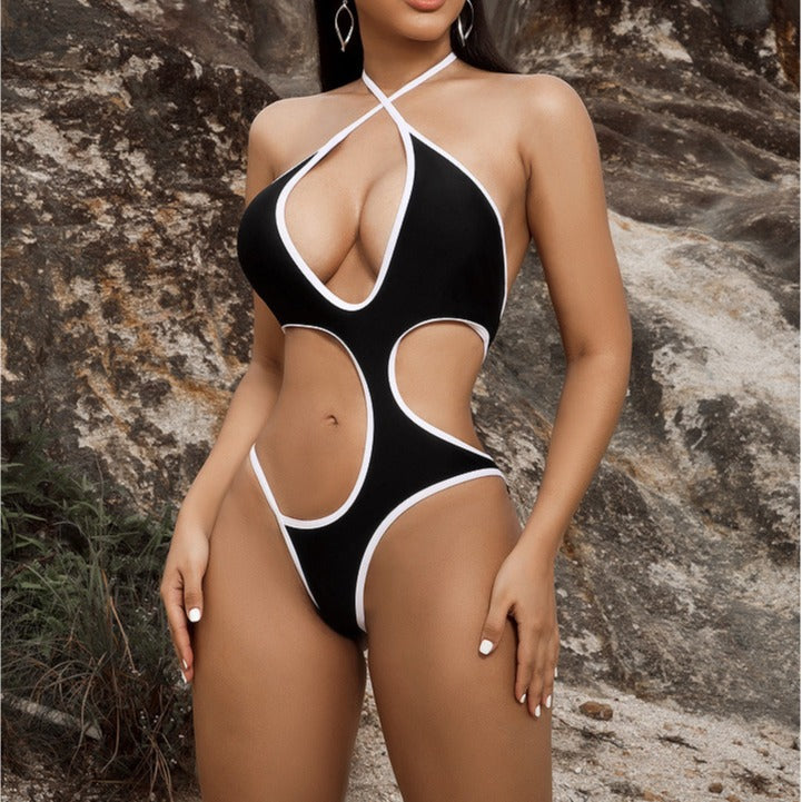 Damen Cut-Out Badeanzug mit tiefem V-Ausschnitt und gekreuzten Trägern EB