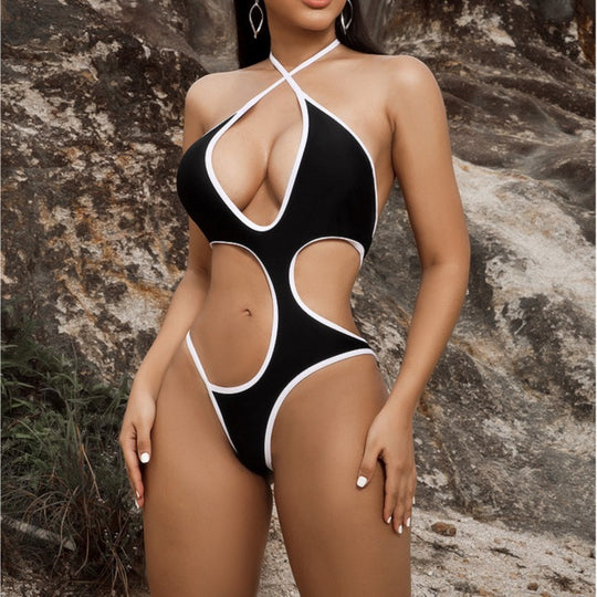 Damen Cut-Out Badeanzug mit tiefem V-Ausschnitt und gekreuzten Trägern EB