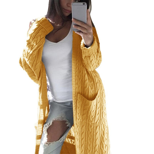 Damen gemusterter Strickmantel mit praktischen Taschen und offenem Schnitt EB