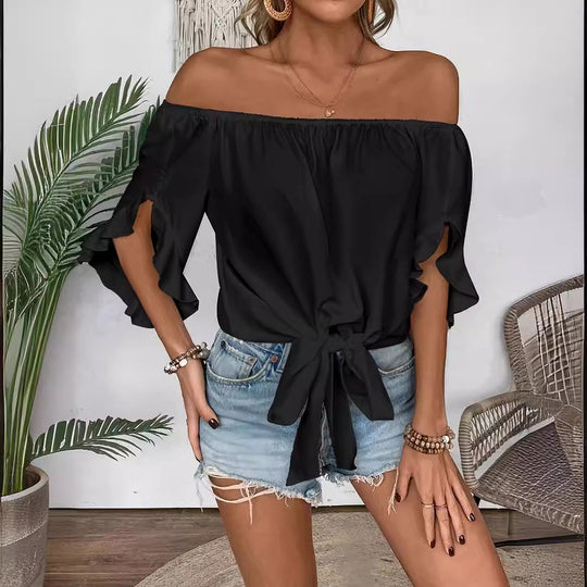Damen Off-Shoulder-Bluse mit Rüschendetails und Taillenbindung EB