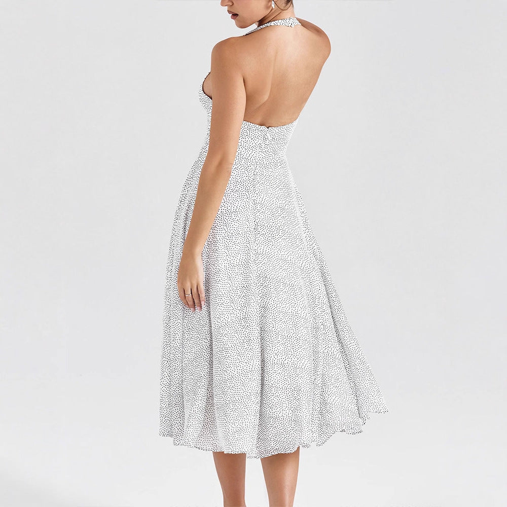 Damen Sommerliches Neckholderkleid mit tiefem V-Ausschnitt und weit schwingendem Rock EB